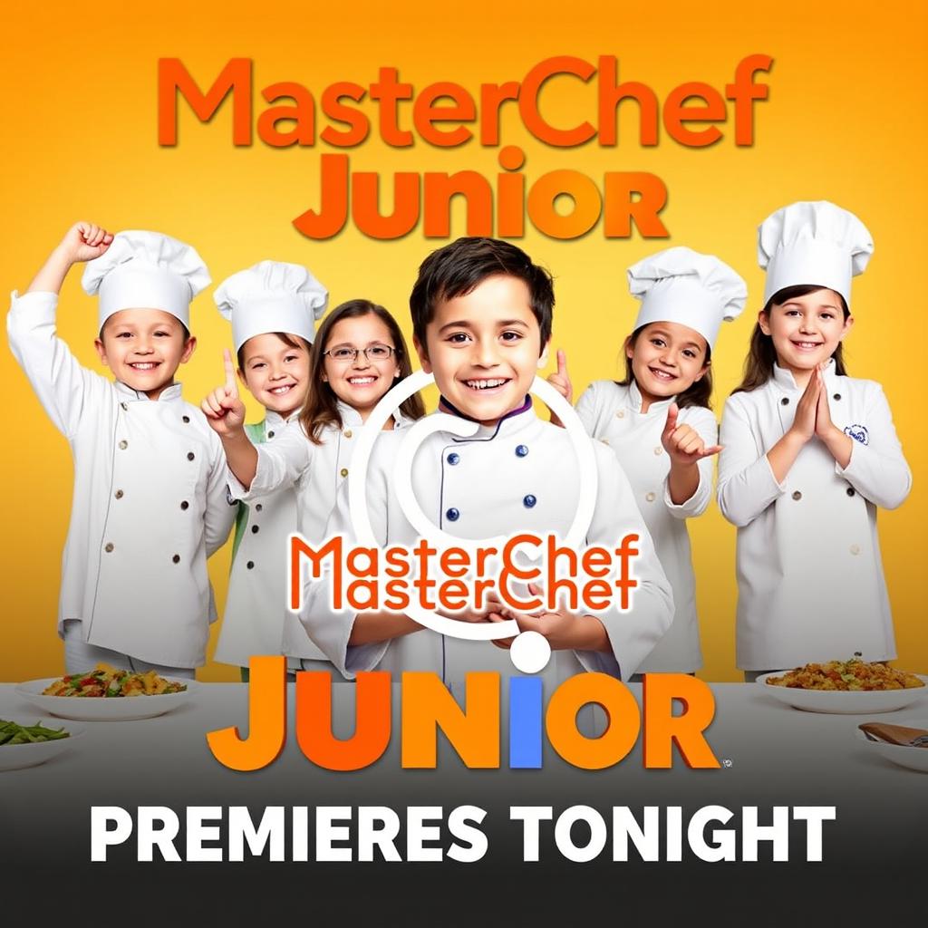 A vibrant and exciting promotional poster for MasterChef Junior, featuring happy and enthusiastic children in chef outfits, cooking and presenting dishes
