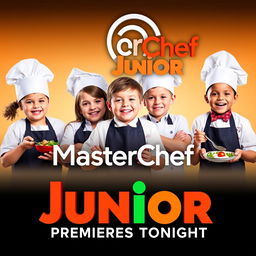 A vibrant and exciting promotional poster for MasterChef Junior, featuring happy and enthusiastic children in chef outfits, cooking and presenting dishes