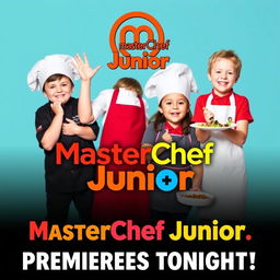 A vibrant and exciting promotional poster for MasterChef Junior, featuring happy and enthusiastic children in chef outfits, cooking and presenting dishes