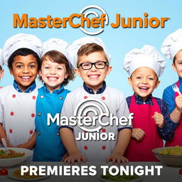 A vibrant and exciting promotional poster for MasterChef Junior, featuring happy and enthusiastic children in chef outfits, cooking and presenting dishes