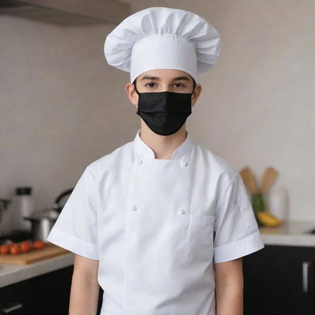 A photorealistic image of a cute teenage boy wearing a white chef uniform and black apron. He also wears a black surgical mask and a black chef's hat.