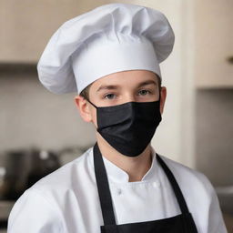 A photorealistic image of a cute teenage boy wearing a white chef uniform and black apron. He also wears a black surgical mask and a black chef's hat.