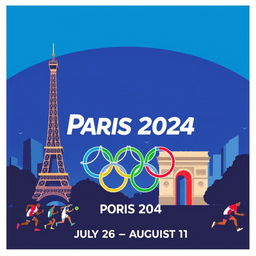 A vibrant and dynamic poster for the Paris 2024 Olympic Games, featuring iconic Parisian landmarks like the Eiffel Tower and the Arc de Triomphe