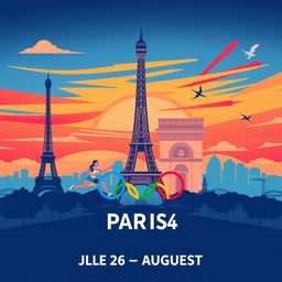 A vibrant and dynamic poster for the Paris 2024 Olympic Games, featuring iconic Parisian landmarks like the Eiffel Tower and the Arc de Triomphe