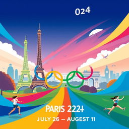 A vibrant and dynamic poster for the Paris 2024 Olympic Games, featuring iconic Parisian landmarks like the Eiffel Tower and the Arc de Triomphe