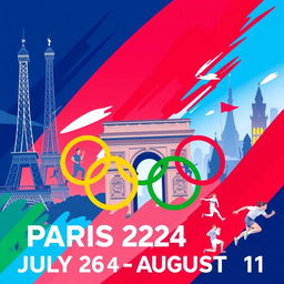 A vibrant and dynamic poster for the Paris 2024 Olympic Games, featuring iconic Parisian landmarks like the Eiffel Tower and the Arc de Triomphe