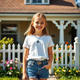 A cute girl next door with a friendly smile, wearing casual clothes, standing in front of a charming suburban house with a white picket fence