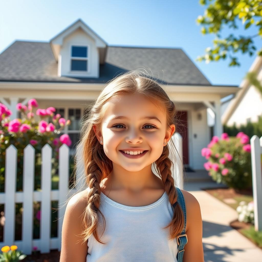 A cute girl next door with a friendly smile, wearing casual clothes, standing in front of a charming suburban house with a white picket fence