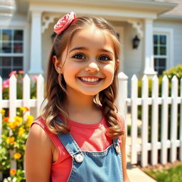 A cute girl next door with a friendly smile, wearing casual clothes, standing in front of a charming suburban house with a white picket fence