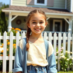 A cute girl next door with a friendly smile, wearing casual clothes, standing in front of a charming suburban house with a white picket fence