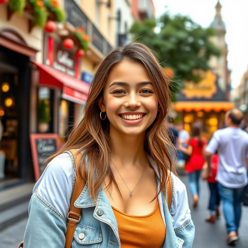 A cute young woman with a warm smile, dressed in trendy casual clothing, standing in a picturesque urban setting