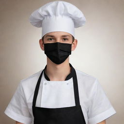 A photorealistic image of a cute teenage boy wearing a white chef uniform and black apron. He also wears a black surgical mask and a black chef's hat.