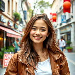 A cute young woman with a warm smile, dressed in trendy casual clothing, standing in a picturesque urban setting