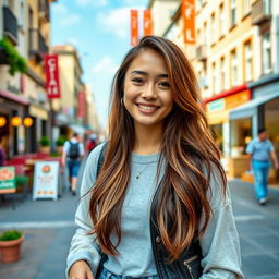 A cute young woman with a warm smile, dressed in trendy casual clothing, standing in a picturesque urban setting