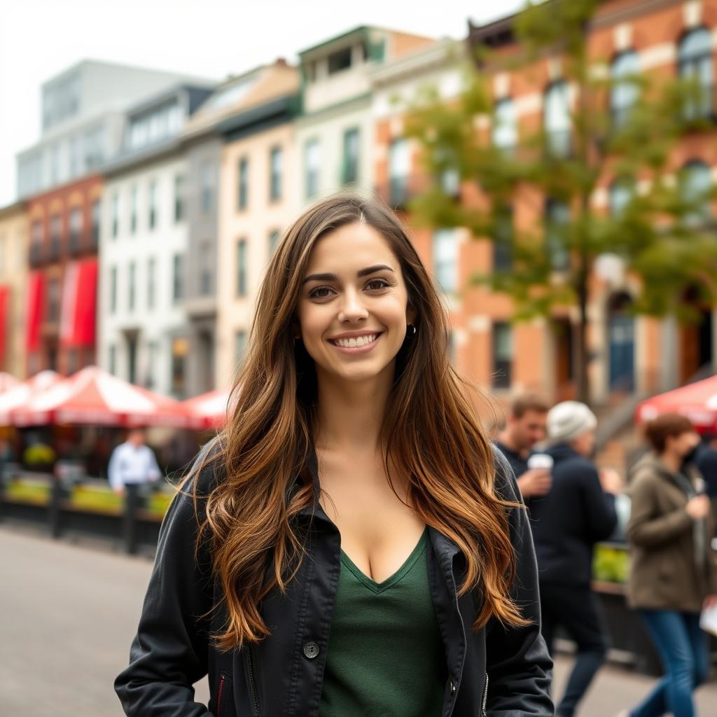 A cute woman with a friendly smile, dressed in casual yet stylish clothing, standing in a recognizable location in Baltimore