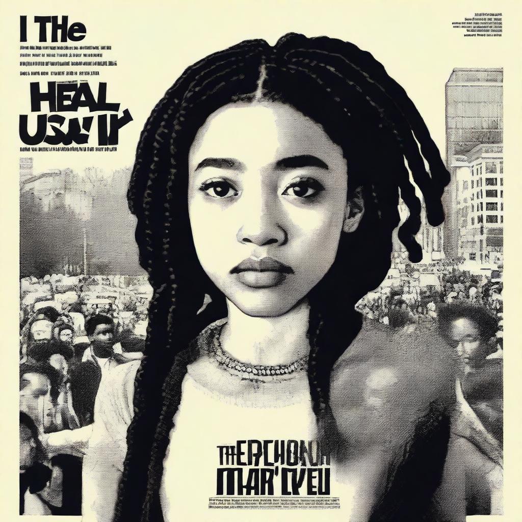 Create a movie poster for 'The Hate U Give' featuring a full-body image of 16-year-old Starr, played by Amandla Stenberg, who has long braids and a serious expression, in the front