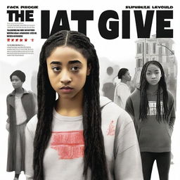 Create a movie poster for 'The Hate U Give' featuring a full-body image of 16-year-old Starr, played by Amandla Stenberg, who has long braids and a serious expression, in the front