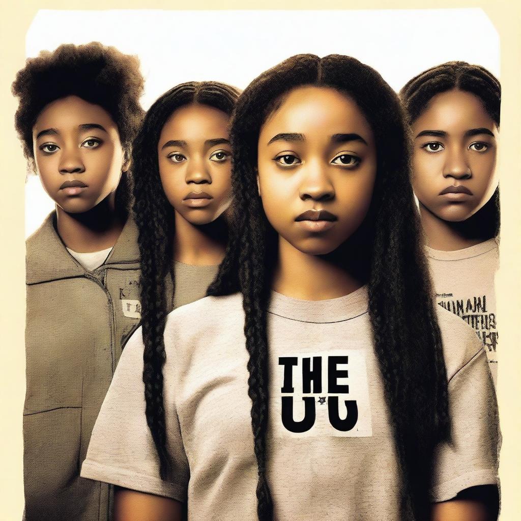 Create a movie poster for 'The Hate U Give' featuring a full-body image of 16-year-old Starr, played by Amandla Stenberg, who has long braids and a serious expression, in the front