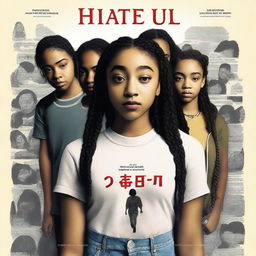 Create a movie poster for 'The Hate U Give' featuring a full-body image of 16-year-old Starr, played by Amandla Stenberg, who has long braids and a serious expression, in the front