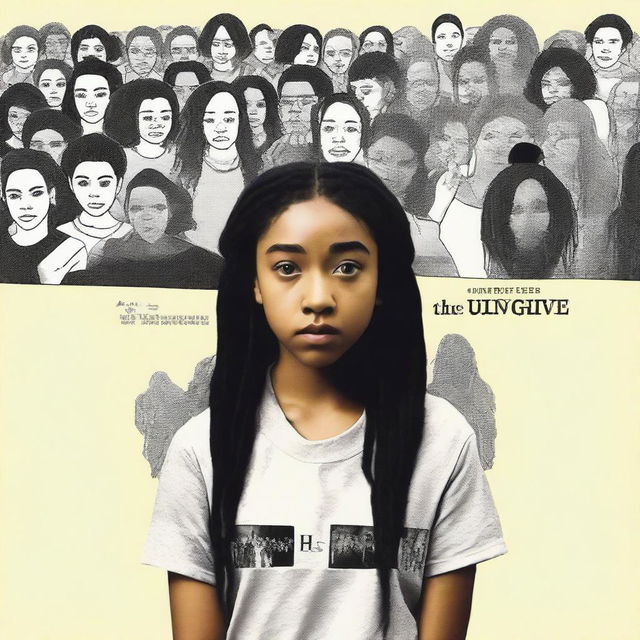 Create a movie poster for 'The Hate U Give' featuring a full-body image of 16-year-old Starr, played by Amandla Stenberg, who has long braids and a serious expression, in the front