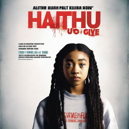 Create a movie poster for 'The Hate U Give' featuring a full-body image of 16-year-old Starr, played by Amandla Stenberg, who has long braids and a serious expression, in the front