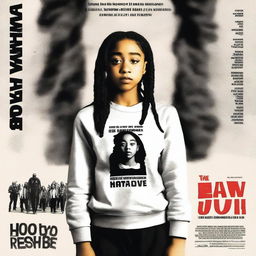 Create a movie poster for 'The Hate U Give' featuring a full-body image of 16-year-old Starr, played by Amandla Stenberg, who has long braids and a serious expression, in the front