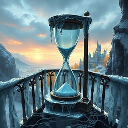 Create a fantasy book cover featuring a distorted ice hourglass on a dark icy balcony in a winter land