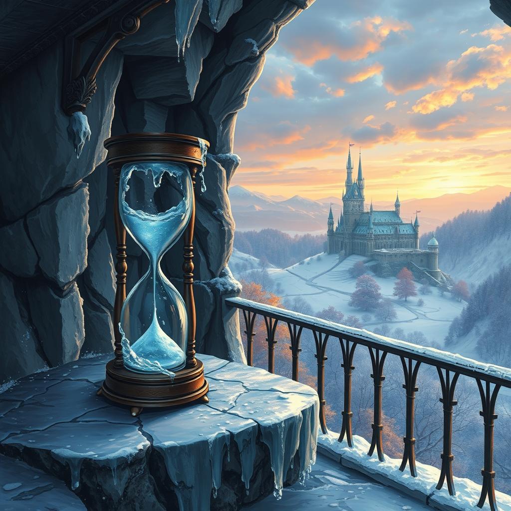 Create a fantasy book cover featuring a distorted ice hourglass on a dark icy balcony in a winter land