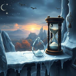 Create a fantasy book cover featuring a distorted ice hourglass on a dark icy balcony in a winter land