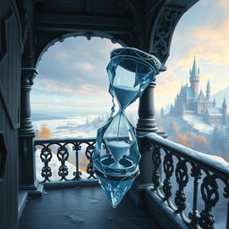 Create a fantasy book cover featuring a distorted ice hourglass on a dark icy balcony in a winter land