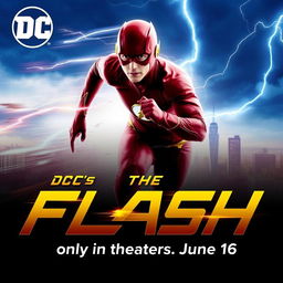 A promotional poster for DC's The Flash movie, featuring The Flash in his iconic red suit, running at super speed