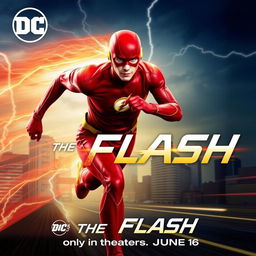 A promotional poster for DC's The Flash movie, featuring The Flash in his iconic red suit, running at super speed