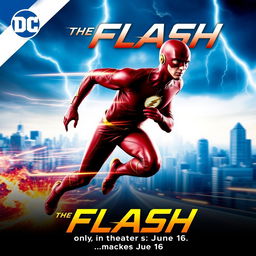 A promotional poster for DC's The Flash movie, featuring The Flash in his iconic red suit, running at super speed