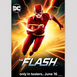 A promotional poster for DC's The Flash movie, featuring The Flash in his iconic red suit, running at super speed