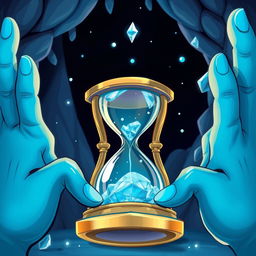 Create a cartoonish fantasy book cover featuring a metallic ice hourglass held by blue-skinned hands