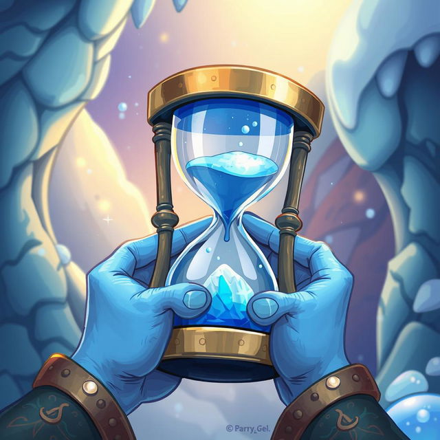 Create a cartoonish fantasy book cover featuring a metallic ice hourglass held by blue-skinned hands