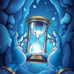 Create a cartoonish fantasy book cover featuring a metallic ice hourglass held by blue-skinned hands