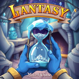 Create a cartoonish fantasy book cover featuring a metallic ice hourglass held by blue-skinned hands