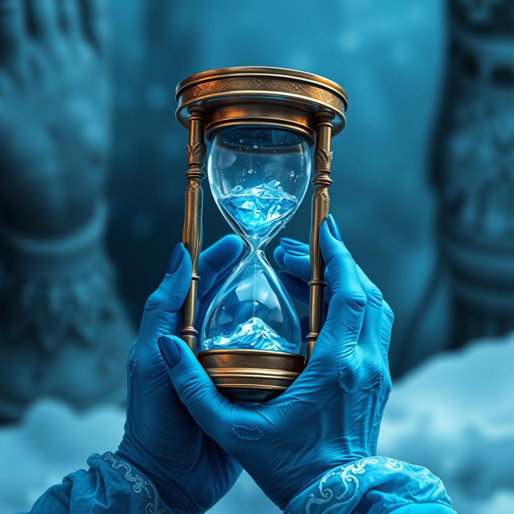 Create a fantasy book cover featuring a metallic ice hourglass held by blue-skinned hands