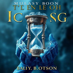 Create a fantasy book cover featuring a metallic ice hourglass held by blue-skinned hands