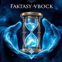 Create a fantasy book cover featuring a metallic ice hourglass held by blue-skinned hands