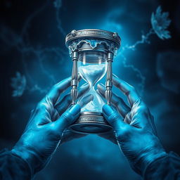 Create a fantasy book cover featuring a metallic ice hourglass held by blue-skinned hands