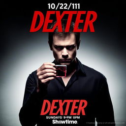 A promotional poster for the TV show Dexter, featuring the text 'Dexter, 10/2/11, Sundays 9pm on Showtime'