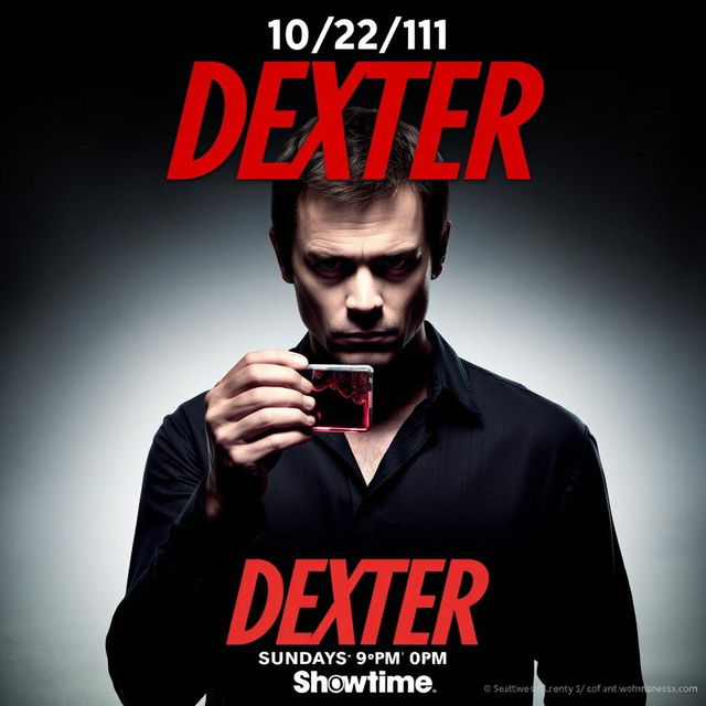 A promotional poster for the TV show Dexter, featuring the text 'Dexter, 10/2/11, Sundays 9pm on Showtime'