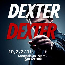 A promotional poster for the TV show Dexter, featuring the text 'Dexter, 10/2/11, Sundays 9pm on Showtime'