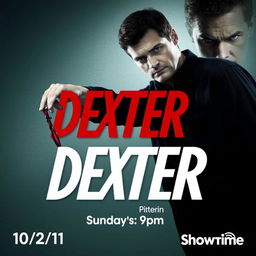 A promotional poster for the TV show Dexter, featuring the text 'Dexter, 10/2/11, Sundays 9pm on Showtime'