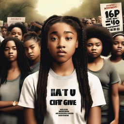 Create a movie poster for 'The Hate U Give' featuring Starr, a 16-year-old girl played by Amandla Stenberg with long braids and a serious expression, standing in the front