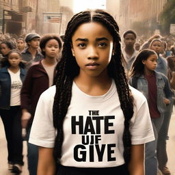 Create a movie poster for 'The Hate U Give' featuring Starr, a 16-year-old girl played by Amandla Stenberg with long braids and a serious expression, standing in the front