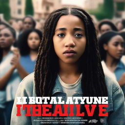 Create a movie poster for 'The Hate U Give' featuring Starr, a 16-year-old girl played by Amandla Stenberg with long braids and a serious expression, standing in the front