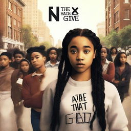 Create a movie poster for 'The Hate U Give' featuring Starr, a 16-year-old girl played by Amandla Stenberg with long braids and a serious expression, standing in the front